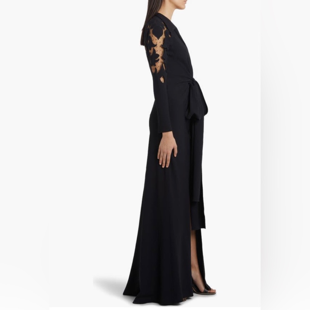NEW $4000 Etro Cutout Long Sleeve Tulle & Crepe Tie Front Gown, Nero, 6US / 42IT - Picture 3 of 5